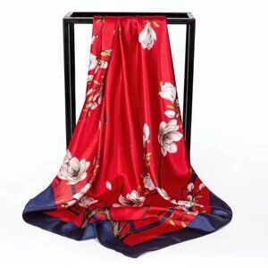 2/$30 Elegant Red Floral Silky Scarf Satin Square Shawl with Blue Accents Gift